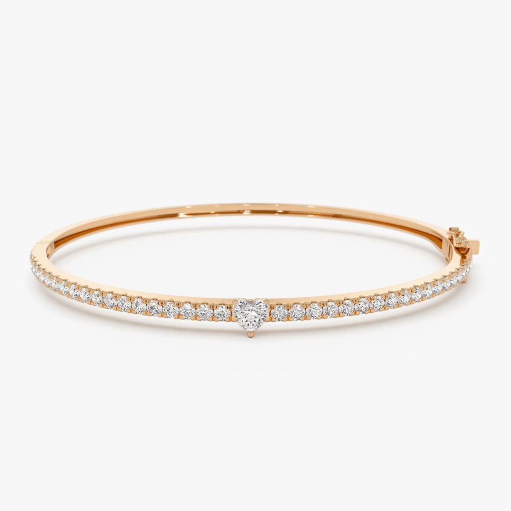 14k Gold Heart Shaped & Round Diamond Bangle Minimalist Jewelry Romantic Heart Shape Center Stone With Side Diamonds Bracelets