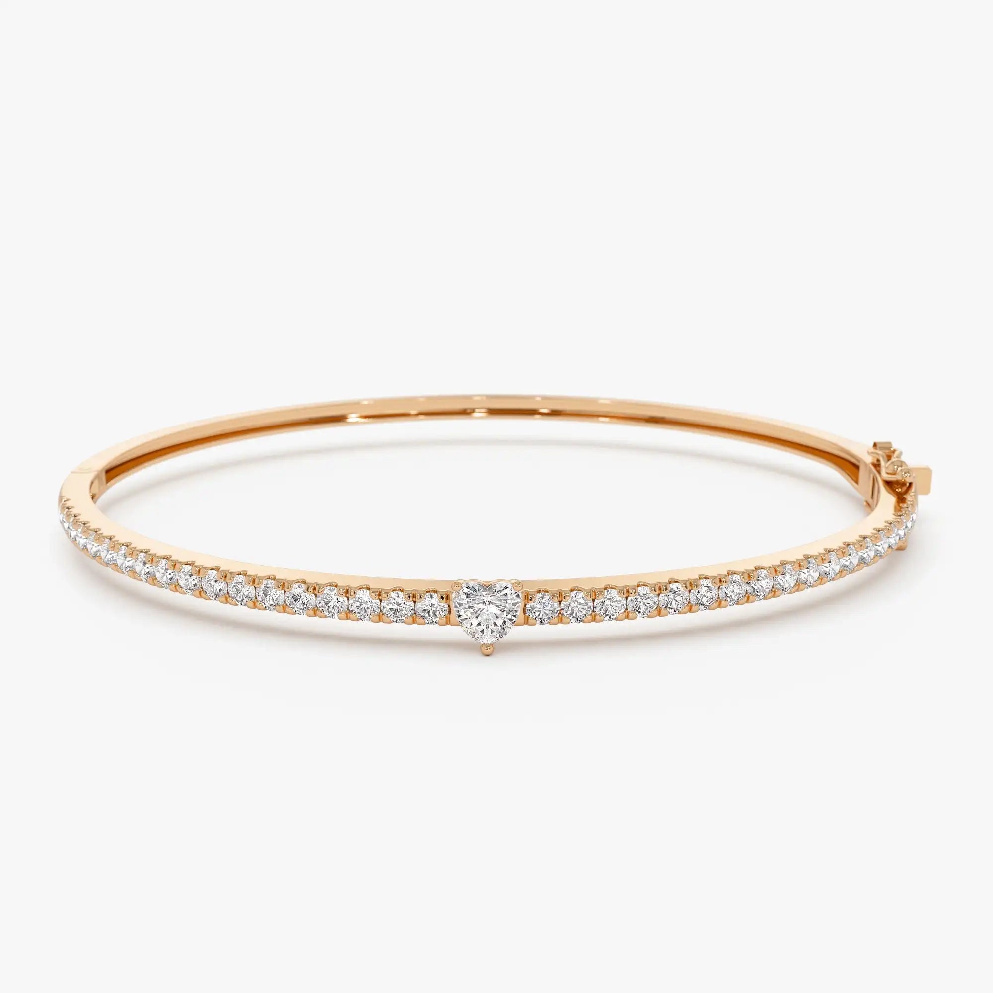 14k Gold Heart Shaped & Round Diamond Bangle Minimalist Jewelry Romantic Heart Shape Center Stone With Side Diamonds Bracelets