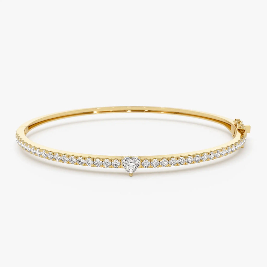 14k Gold Heart Shaped & Round Diamond Bangle Minimalist Jewelry Romantic Heart Shape Center Stone With Side Diamonds Bracelets