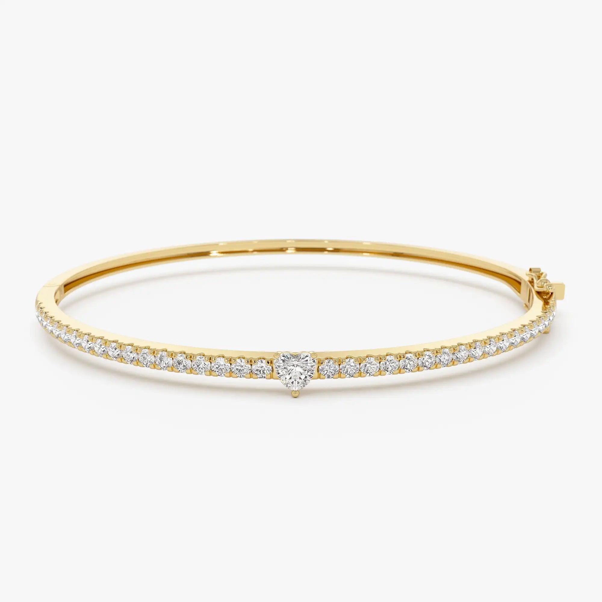 14k Gold Heart Shaped & Round Diamond Bangle Minimalist Jewelry Romantic Heart Shape Center Stone With Side Diamonds Bracelets