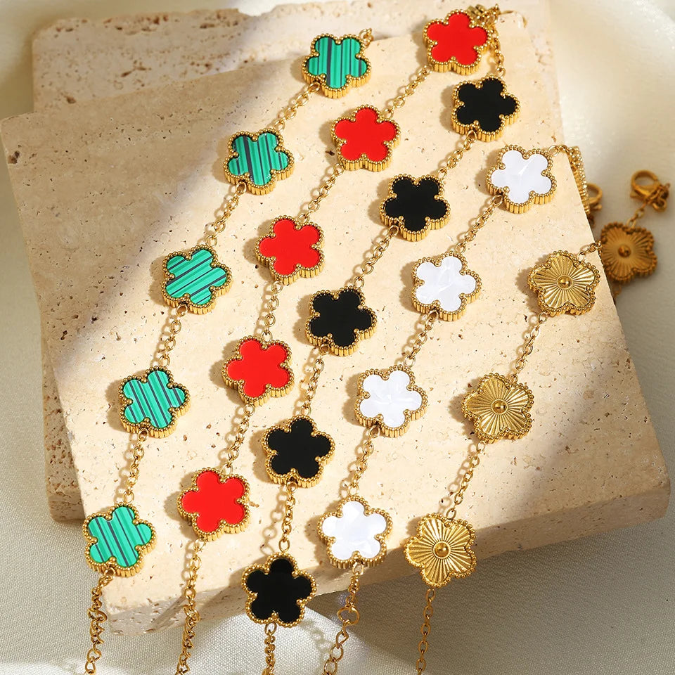 LUXUKISSKIDS Fashion Flower Necklace Earrings Set Jewelry Women Stainless Steel White Shell Clover Bracelet Jewelry Accessories