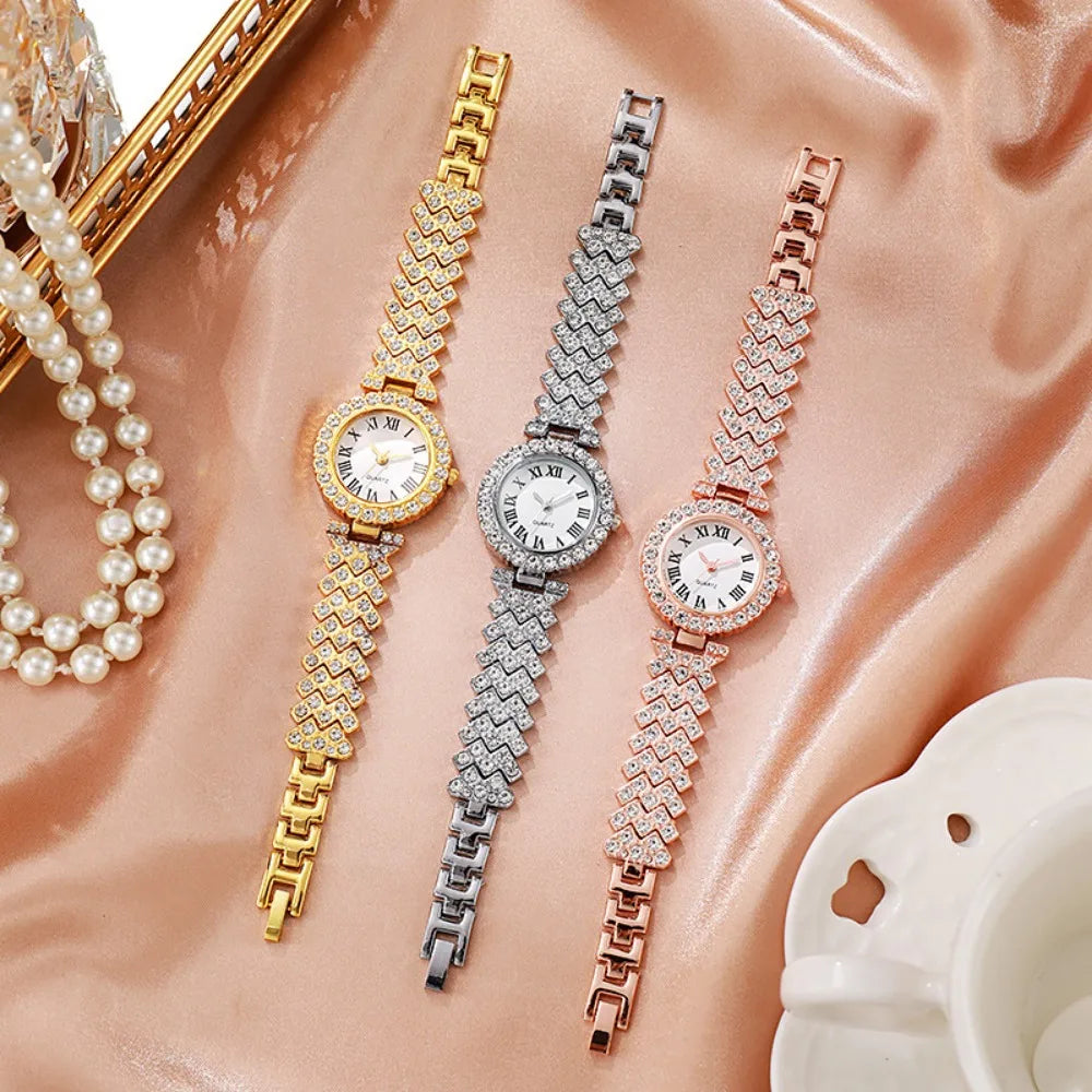 5pcs Elegant Rhinestone Women Watches Fashion Roma Dial Bracelet Band Quartz Wristwatch Jewelry Set Reloj Mujer（Without Box）