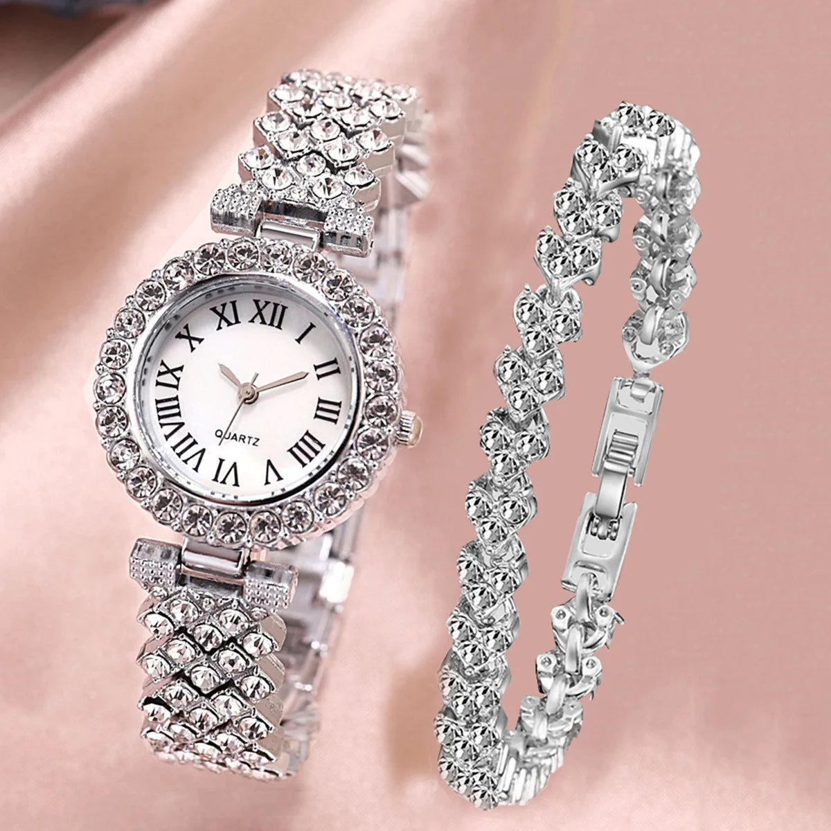 Luxury Women Shiny Bracelet Watches 2pcs Set Rose Gold Watch Fashion Ladies Elegant Quartz Diamond Wristwatch Female Reloj Mujer