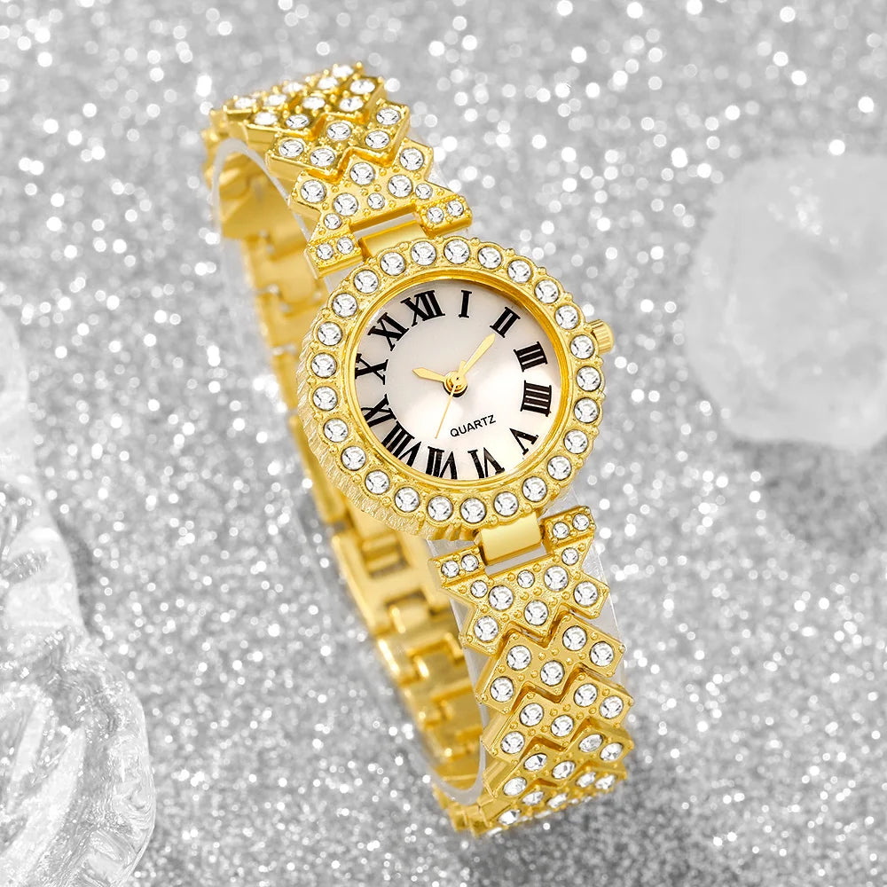 5pcs Elegant Rhinestone Women Watches Fashion Roma Dial Bracelet Band Quartz Wristwatch Jewelry Set Reloj Mujer（Without Box）