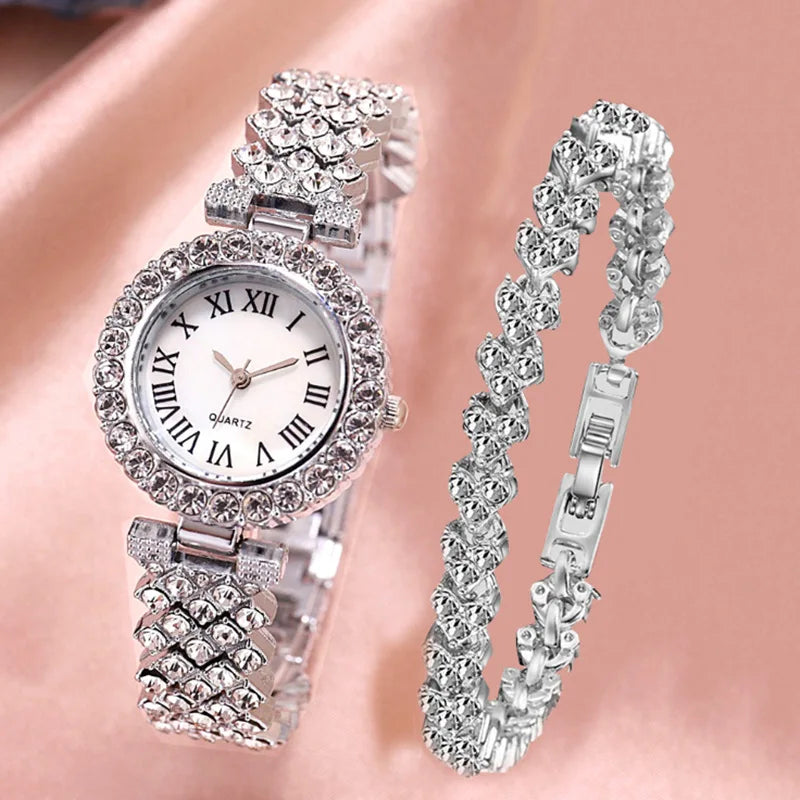 Luxury Women Shiny Bracelet Watches 2pcs Set Rose Gold Watch Fashion Ladies Elegant Quartz Diamond Wristwatch Female Reloj Mujer