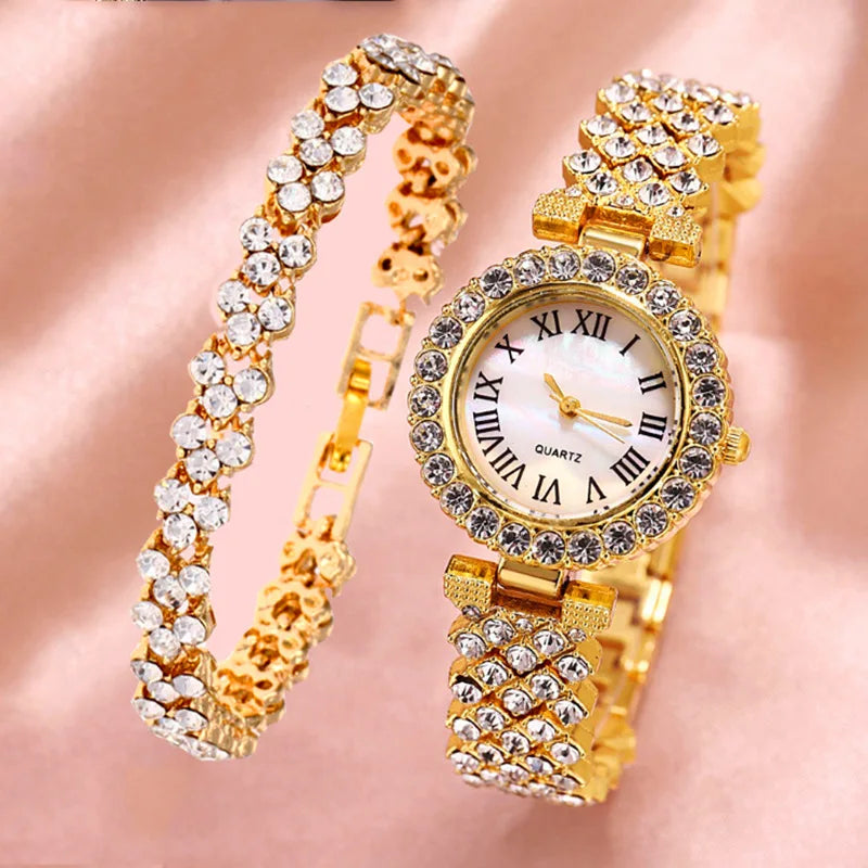 Luxury Women Shiny Bracelet Watches 2pcs Set Rose Gold Watch Fashion Ladies Elegant Quartz Diamond Wristwatch Female Reloj Mujer