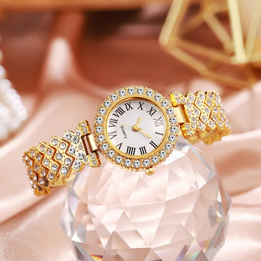 5pcs Elegant Rhinestone Women Watches Fashion Roma Dial Bracelet Band Quartz Wristwatch Jewelry Set Reloj Mujer（Without Box）