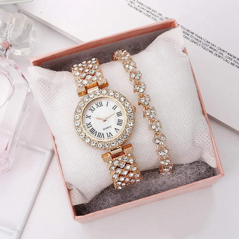 Luxury Women Shiny Bracelet Watches 2pcs Set Rose Gold Watch Fashion Ladies Elegant Quartz Diamond Wristwatch Female Reloj Mujer