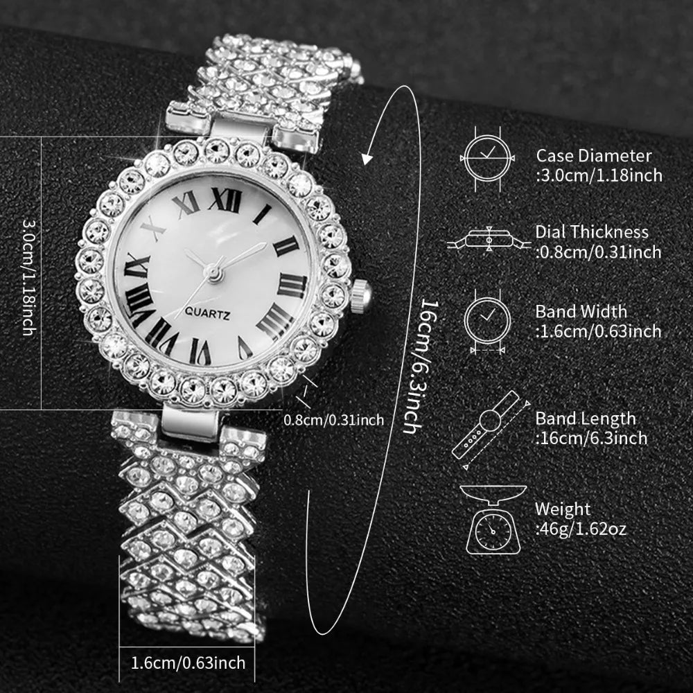 5pcs Elegant Rhinestone Women Watches Fashion Roma Dial Bracelet Band Quartz Wristwatch Jewelry Set Reloj Mujer（Without Box）
