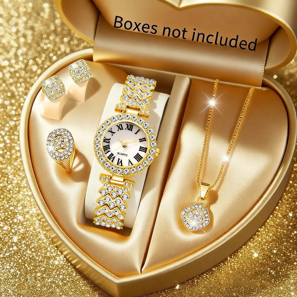 5pcs Elegant Rhinestone Women Watches Fashion Roma Dial Bracelet Band Quartz Wristwatch Jewelry Set Reloj Mujer（Without Box）