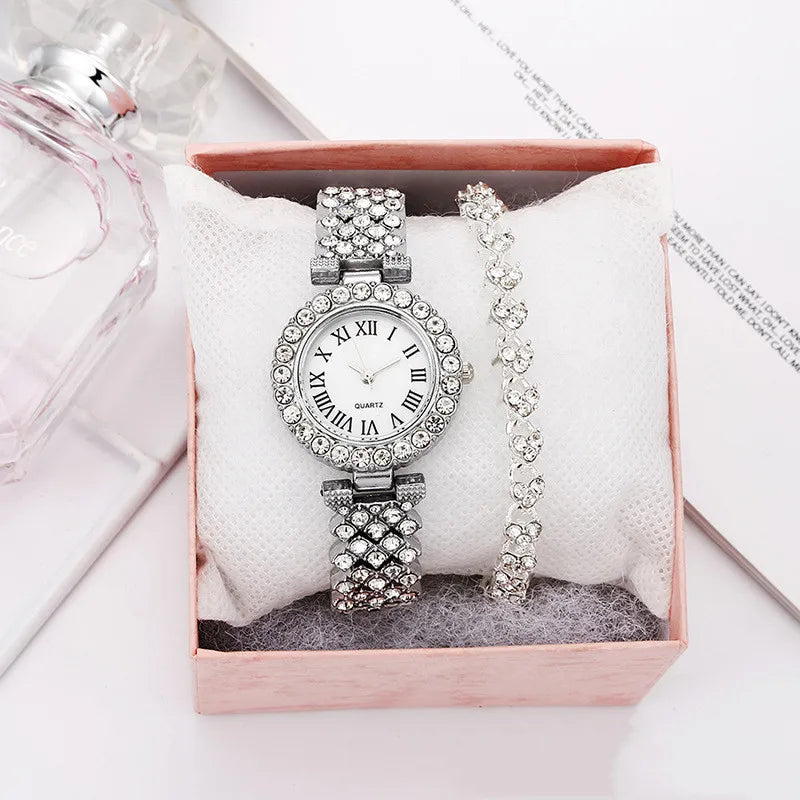 Luxury Women Shiny Bracelet Watches 2pcs Set Rose Gold Watch Fashion Ladies Elegant Quartz Diamond Wristwatch Female Reloj Mujer