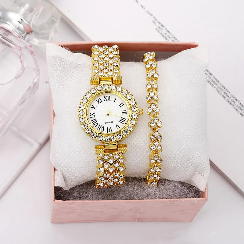 Luxury Women Shiny Bracelet Watches 2pcs Set Rose Gold Watch Fashion Ladies Elegant Quartz Diamond Wristwatch Female Reloj Mujer