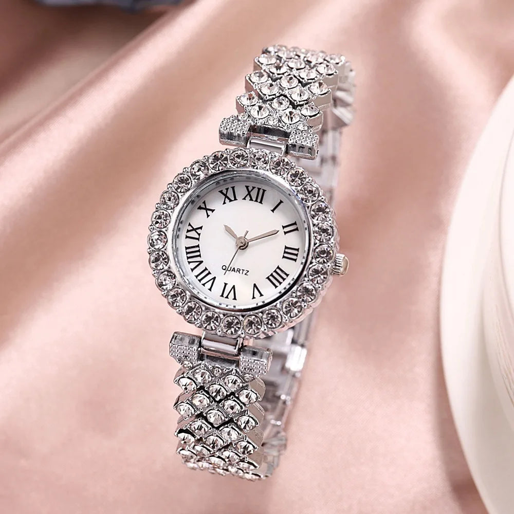 Luxury Women Shiny Bracelet Watches 2pcs Set Rose Gold Watch Fashion Ladies Elegant Quartz Diamond Wristwatch Female Reloj Mujer