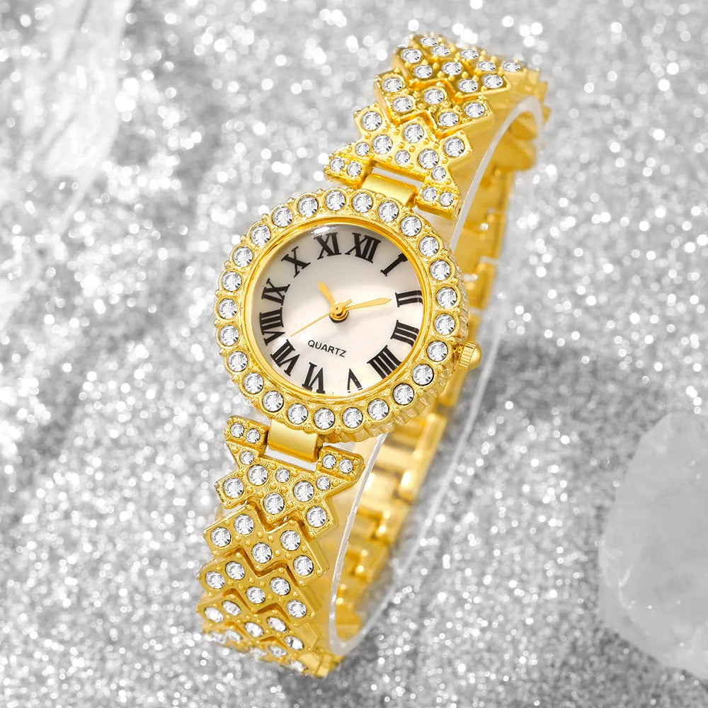 5pcs Elegant Rhinestone Women Watches Fashion Roma Dial Bracelet Band Quartz Wristwatch Jewelry Set Reloj Mujer（Without Box）