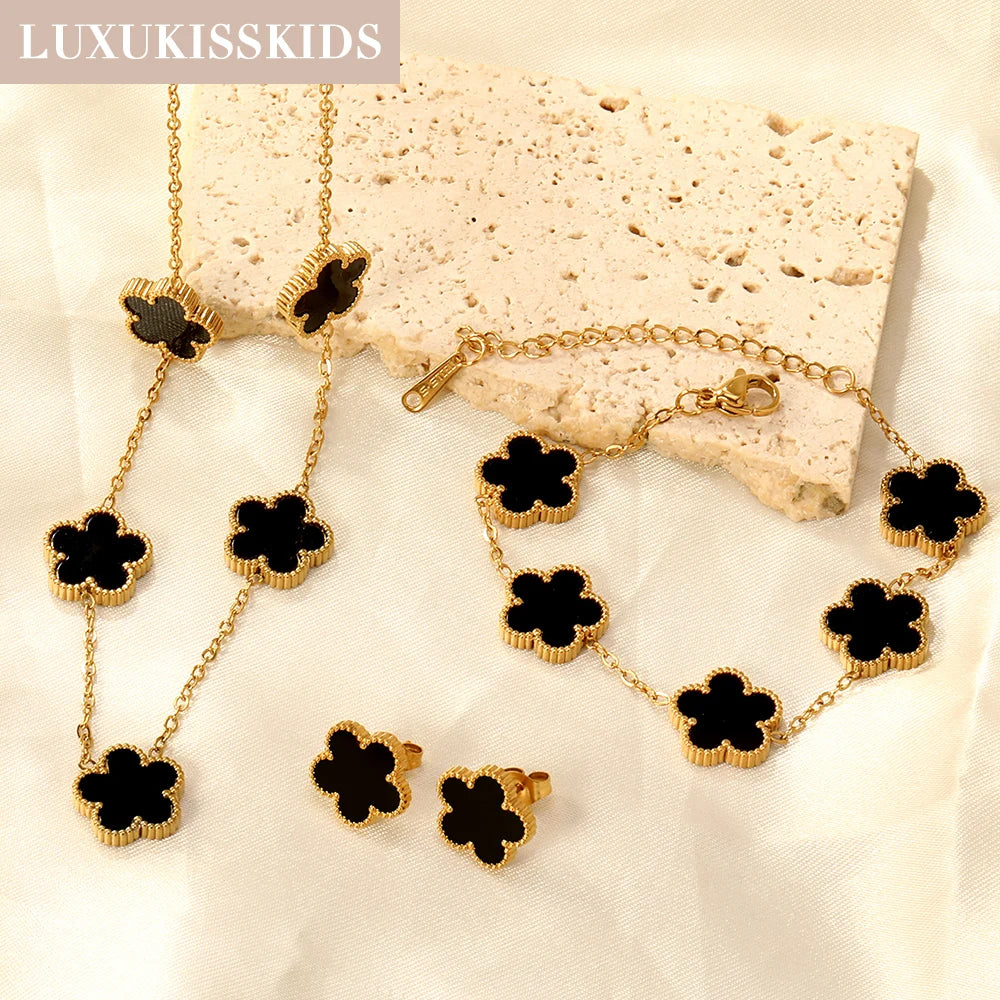 LUXUKISSKIDS Fashion Flower Necklace Earrings Set Jewelry Women Stainless Steel White Shell Clover Bracelet Jewelry Accessories