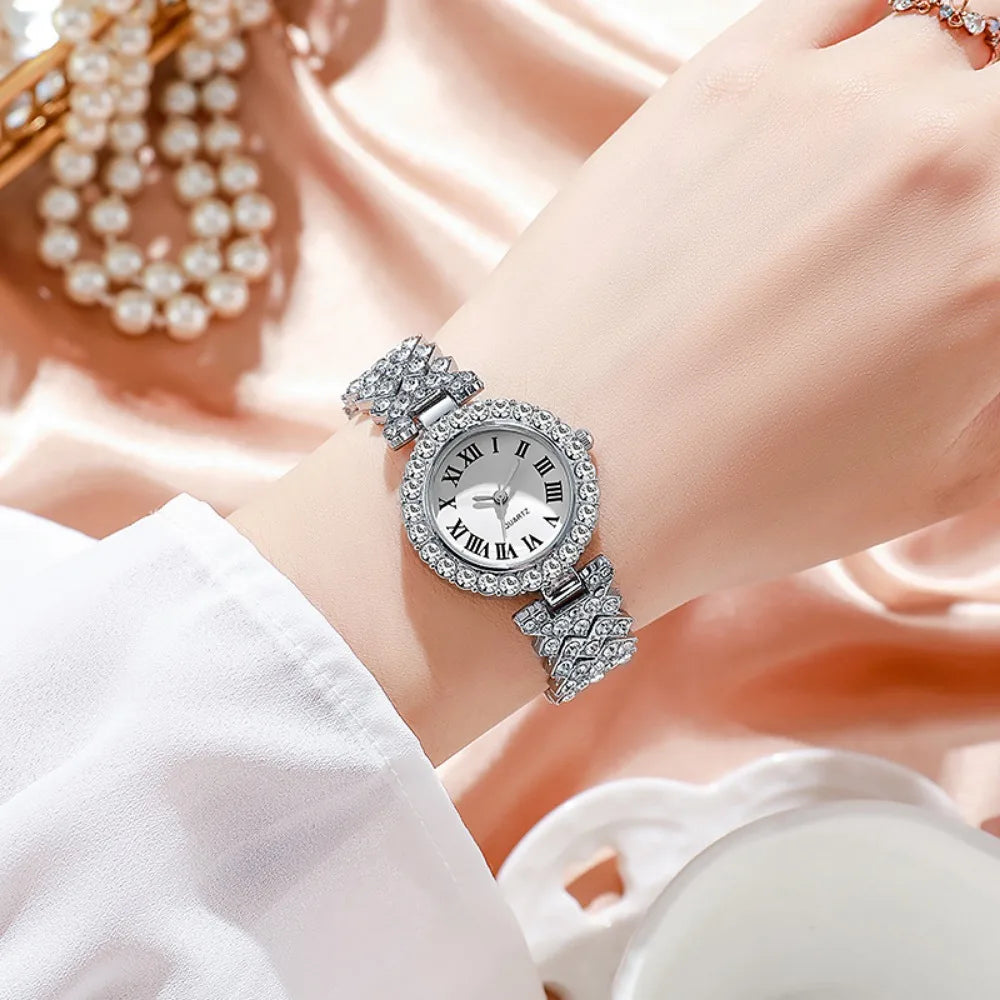 5pcs Elegant Rhinestone Women Watches Fashion Roma Dial Bracelet Band Quartz Wristwatch Jewelry Set Reloj Mujer（Without Box）