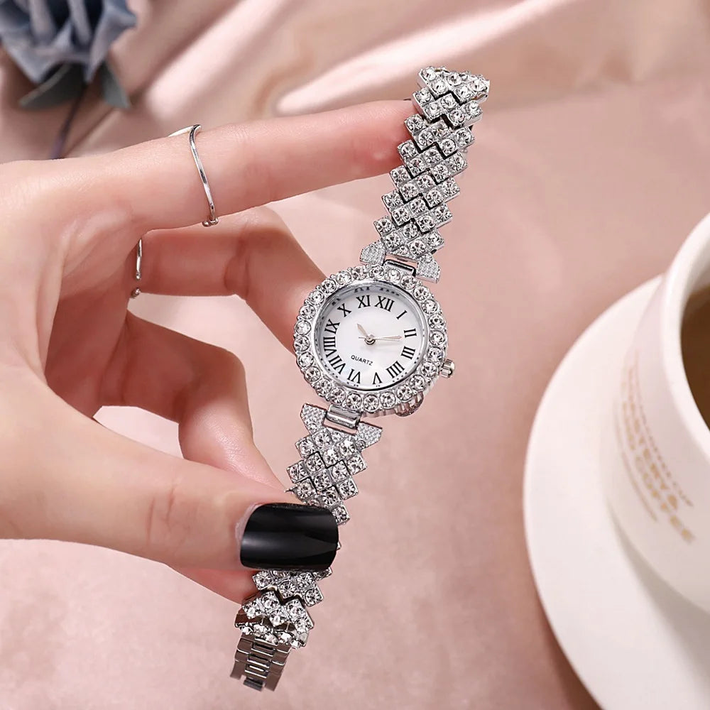 Luxury Women Shiny Bracelet Watches 2pcs Set Rose Gold Watch Fashion Ladies Elegant Quartz Diamond Wristwatch Female Reloj Mujer