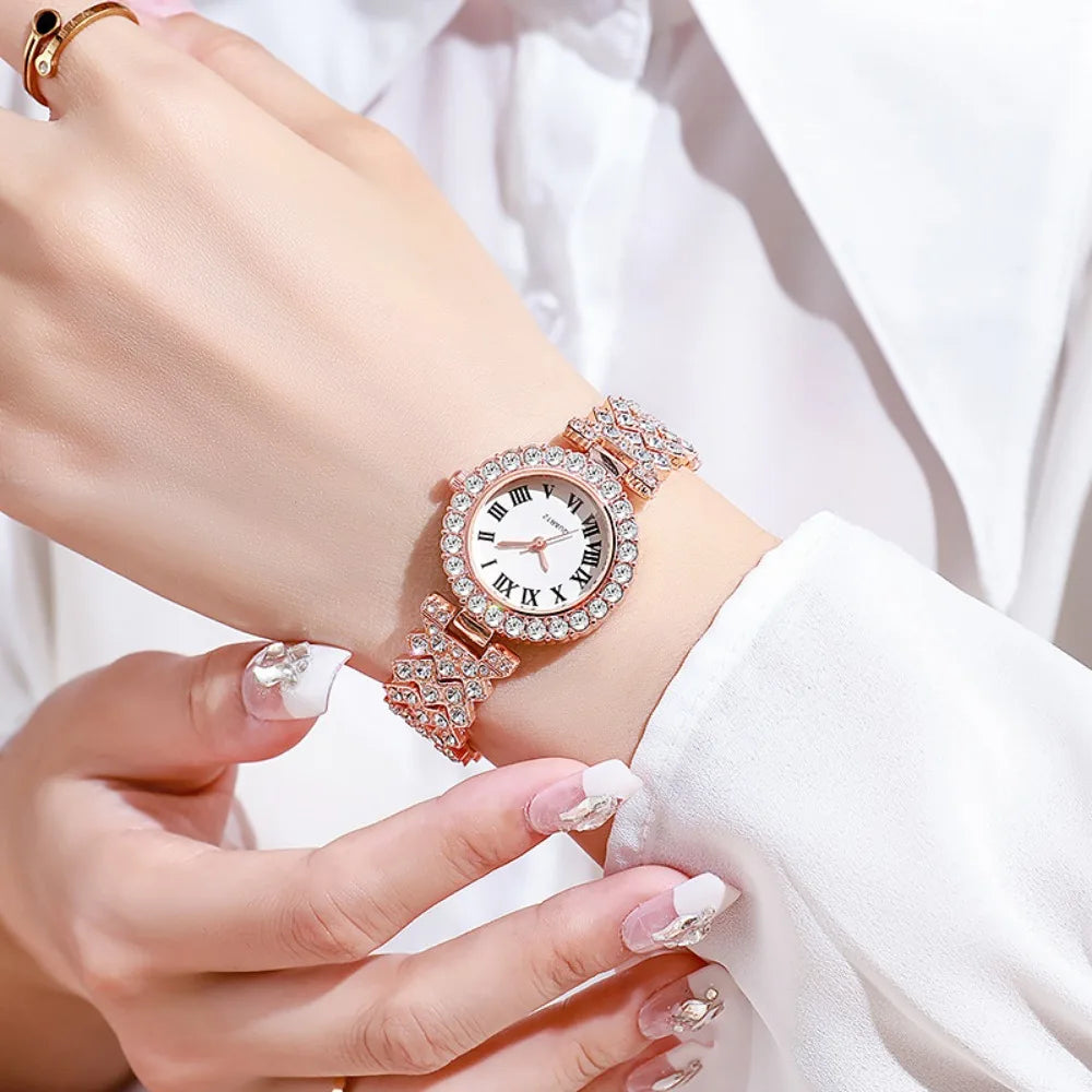 5pcs Elegant Rhinestone Women Watches Fashion Roma Dial Bracelet Band Quartz Wristwatch Jewelry Set Reloj Mujer（Without Box）
